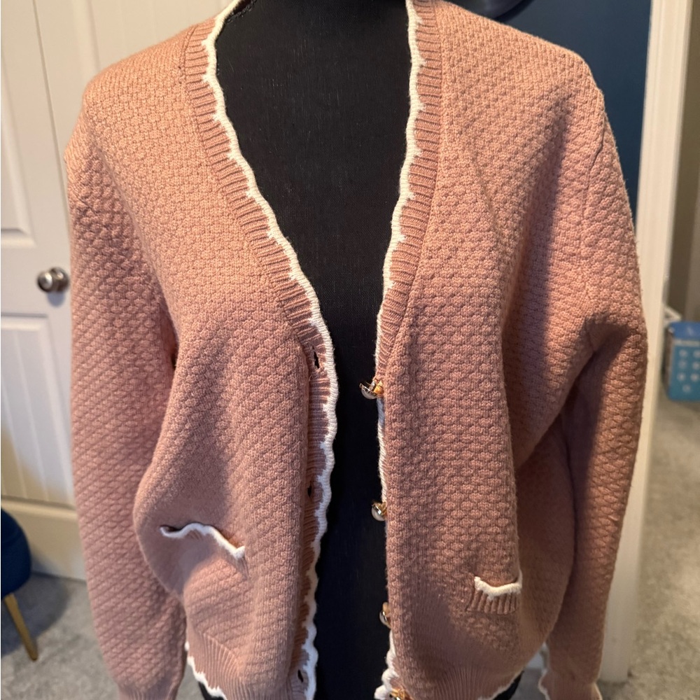 Adrianna Papell Tan Cardigan with White Edging